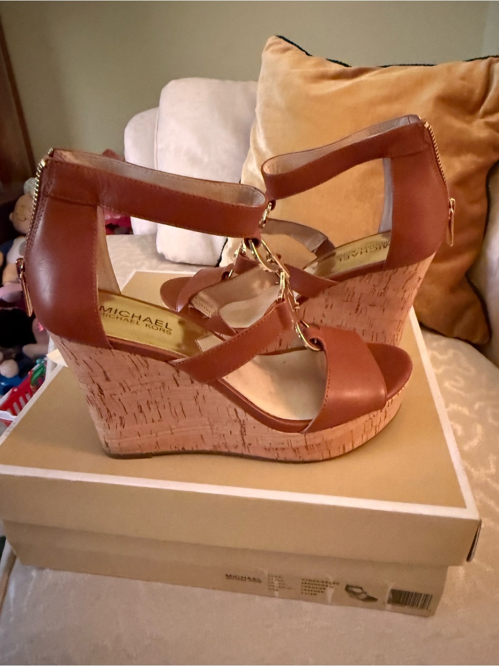 Michael Kors Tan Leather Cork Wedge Sandals